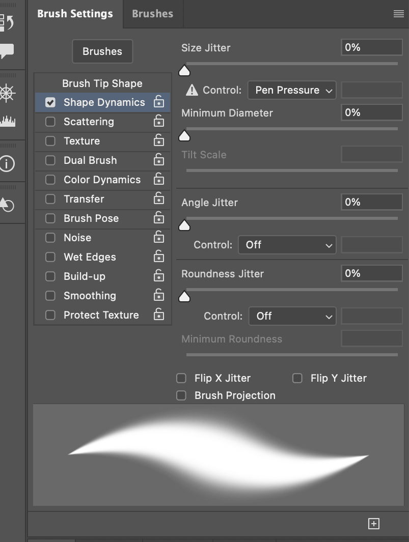 Shape Dynamics with Size Jitter control set to Pen Pressure — the warning triangle only means no tablet is connected right now