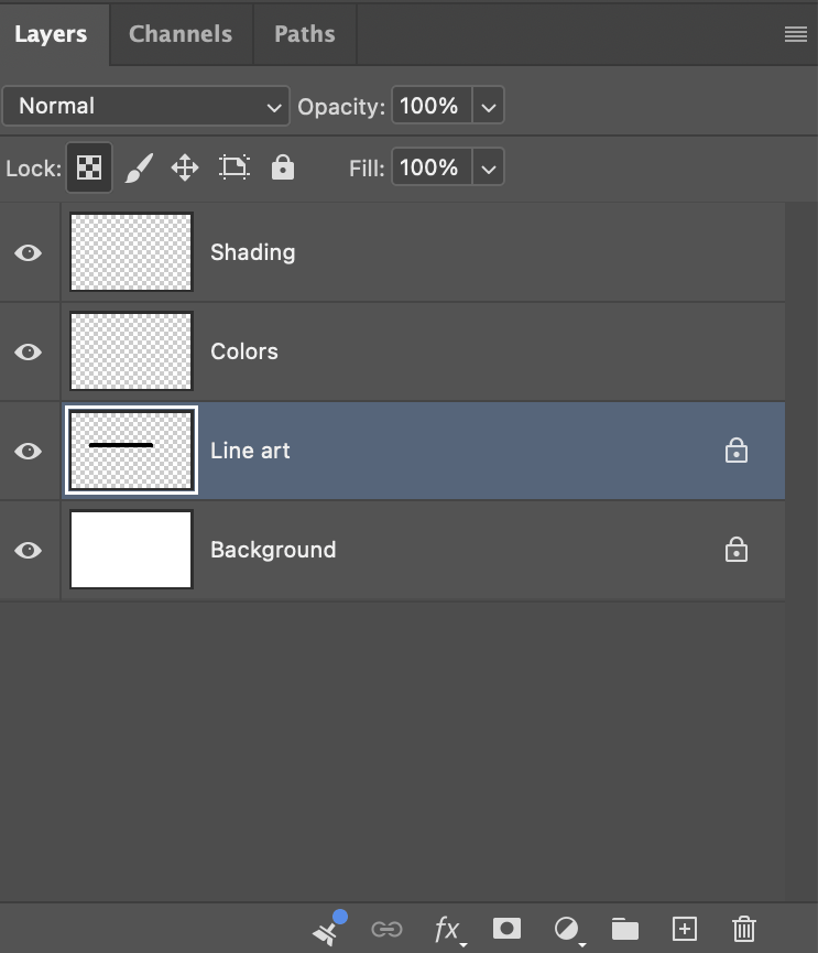 A minimal painting stack — shading, colors and line art on separate layers, with transparent pixels locked on the line art layer