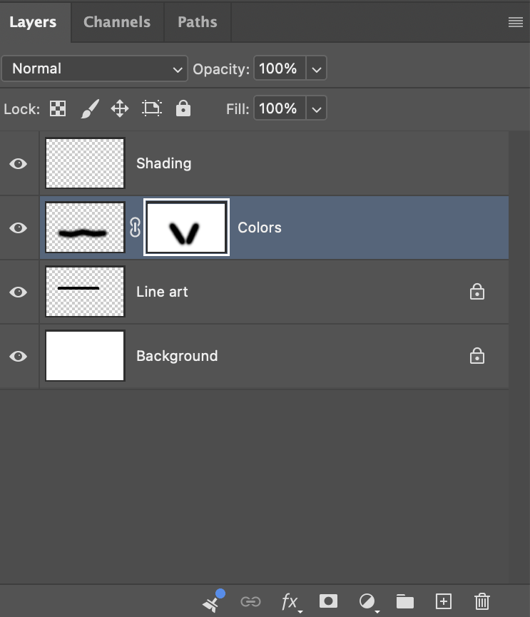 The Colors layer with a layer mask: black strokes on the mask hide parts of the layer, and the highlighted border marks the mask as the active paint target