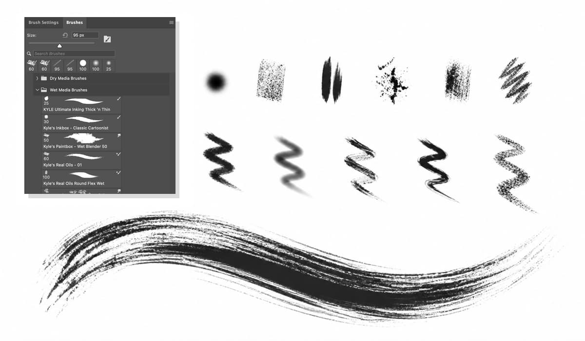 A stylized Brushes panel beside assorted brush tips and strokes — from soft round dabs to a long textured sweep