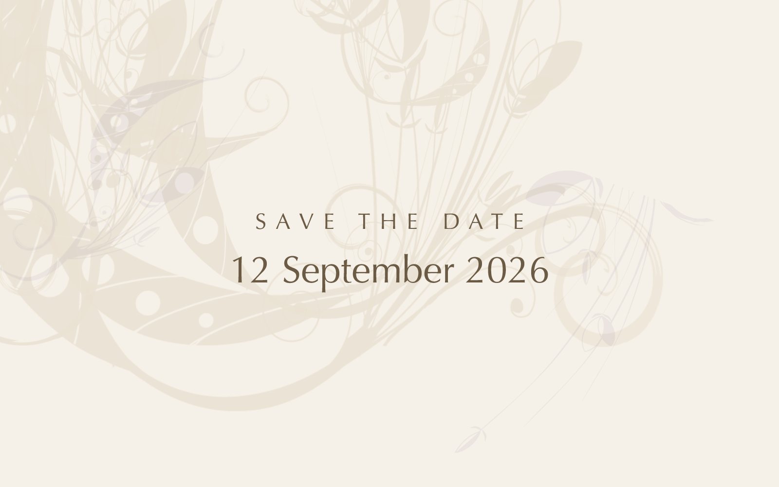 A save-the-date card whose background is built entirely from floral brush stamps in a tone barely darker than the paper
