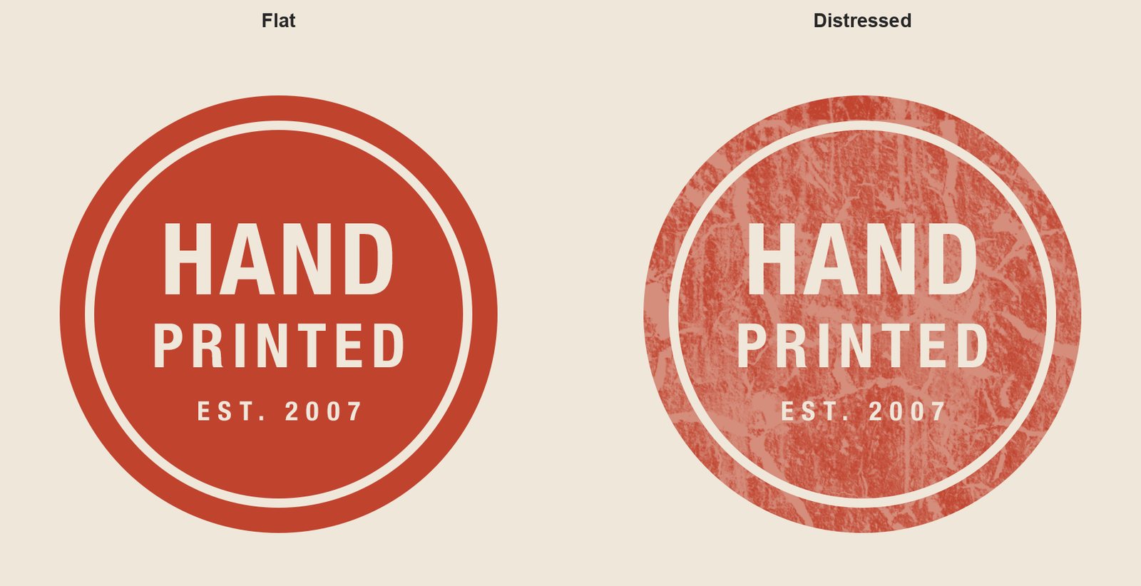 The same flat badge shown twice, clean on the left and worn-in by a grunge mask on the right