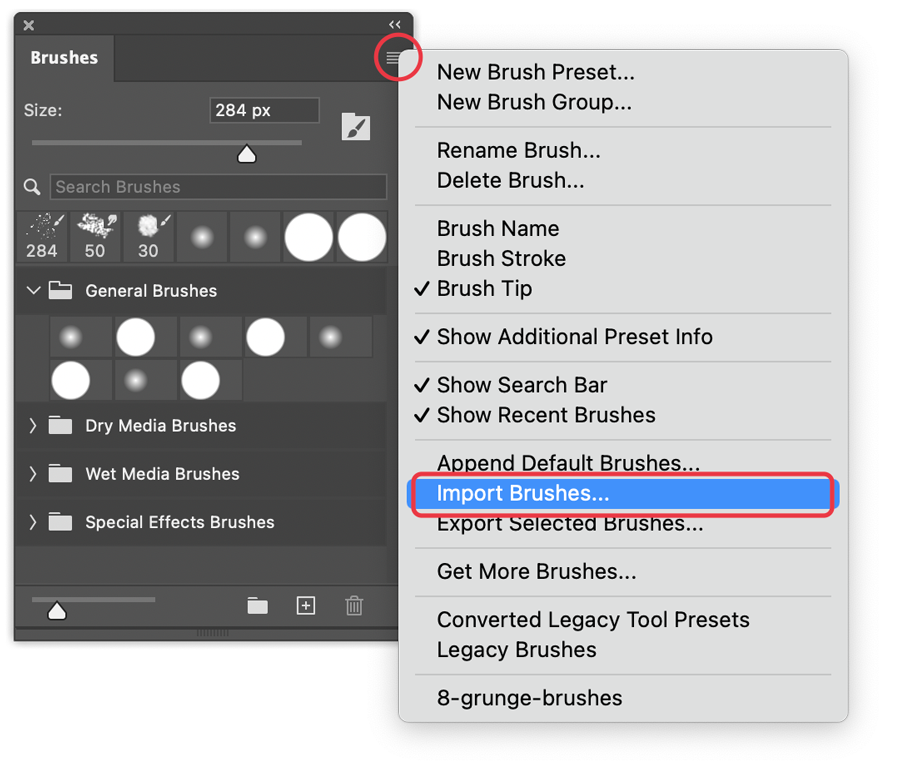 Importing brushes through the Brushes panel